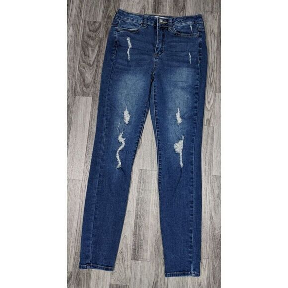 (3/$35) SO High Rise Skinny Distressed Whiskered Denim Blue Jeans Jeggings - Picture 1 of 11